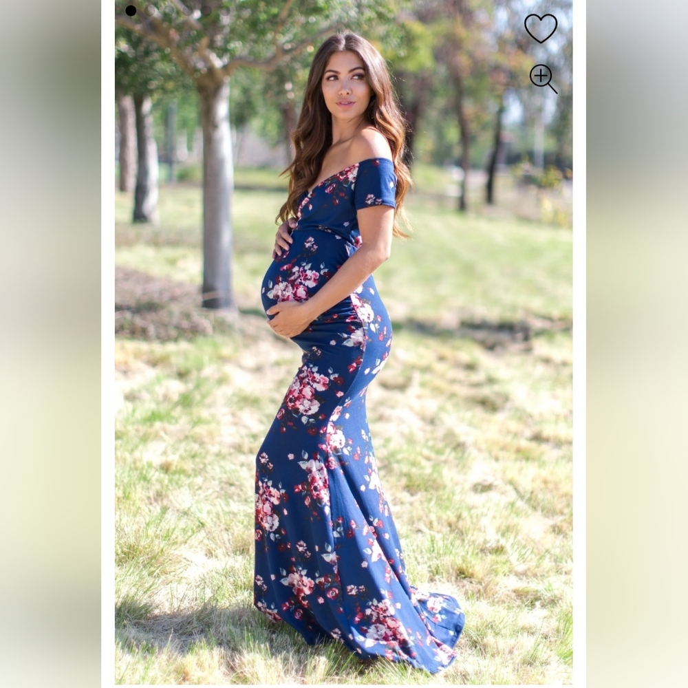LIKE NEW! Navy floral off shoulder wrap maternity photoshoot dress mermaid train